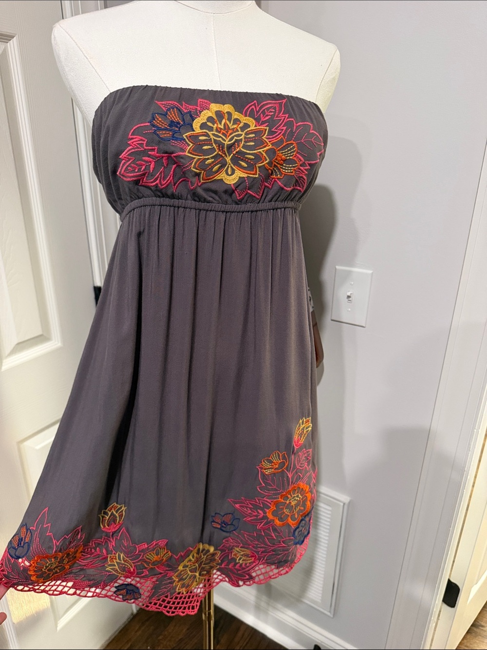 Strapless Embroidered Sundress in Charcoal with Multicolor Floral Accents